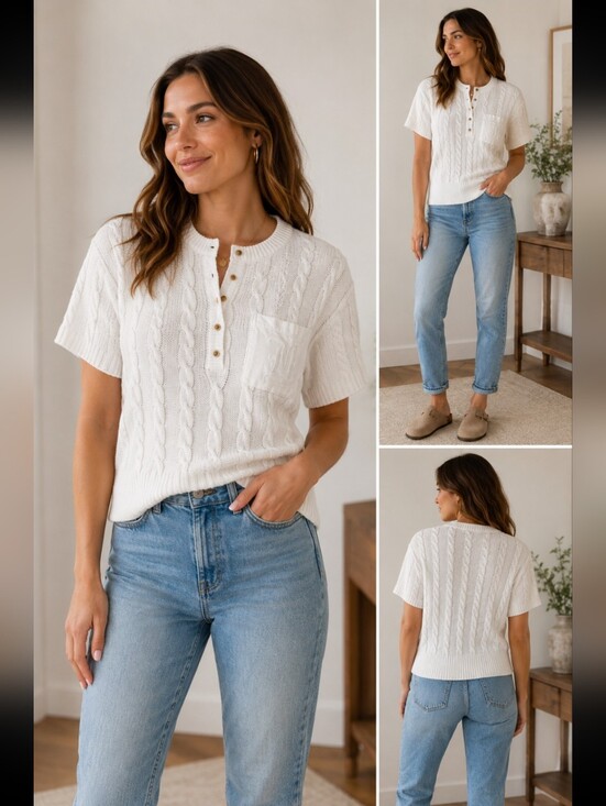 Miss Orly Sweaters - Miss Orly Cable Knit Short Sleeve Sweater Top White Cotton Ramie Henley Pocket L